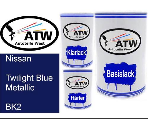 Nissan, Twilight Blue Metallic, BK2: 500ml Lackdose + 500ml Klarlack + 250ml Härter - Set, von ATW Autoteile West.